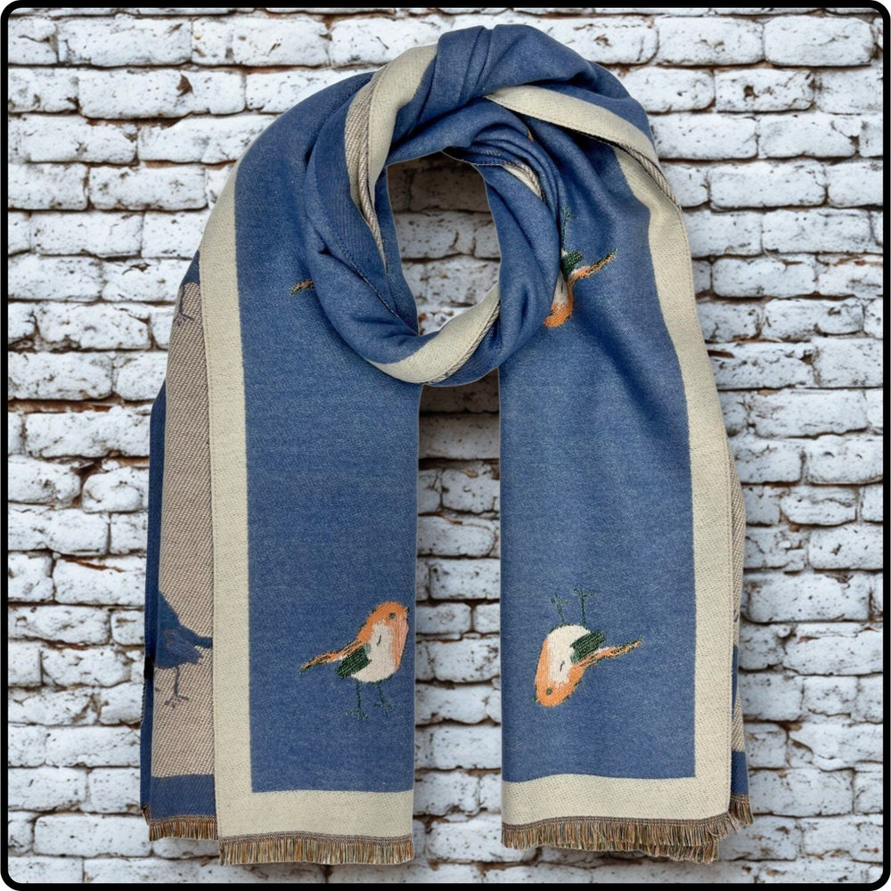 Robin embroidered print on reversible cashmere blend scarf in  Denim Blue-RSCD