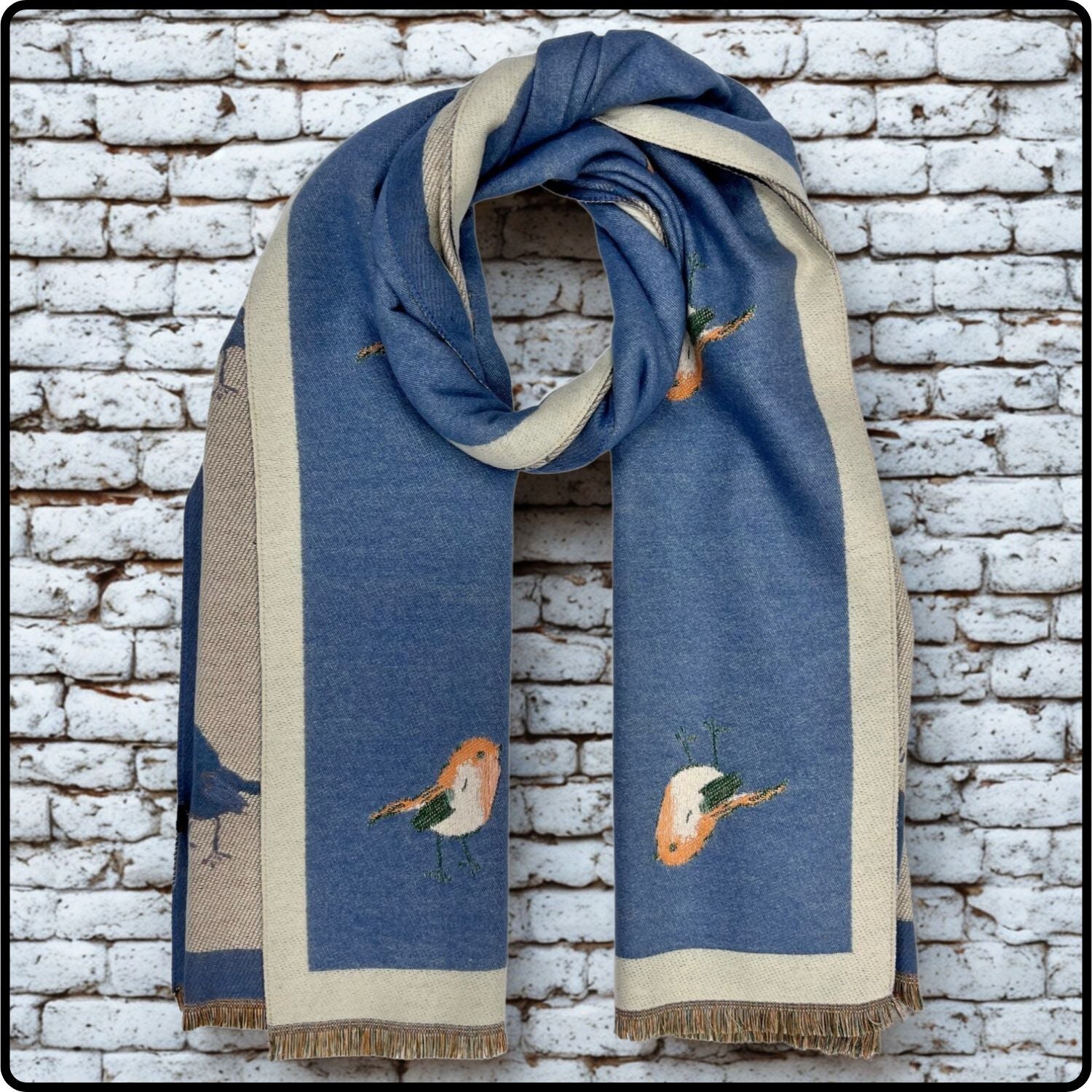 Robin embroidered print on reversible cashmere blend scarf in  Denim Blue-RSCD