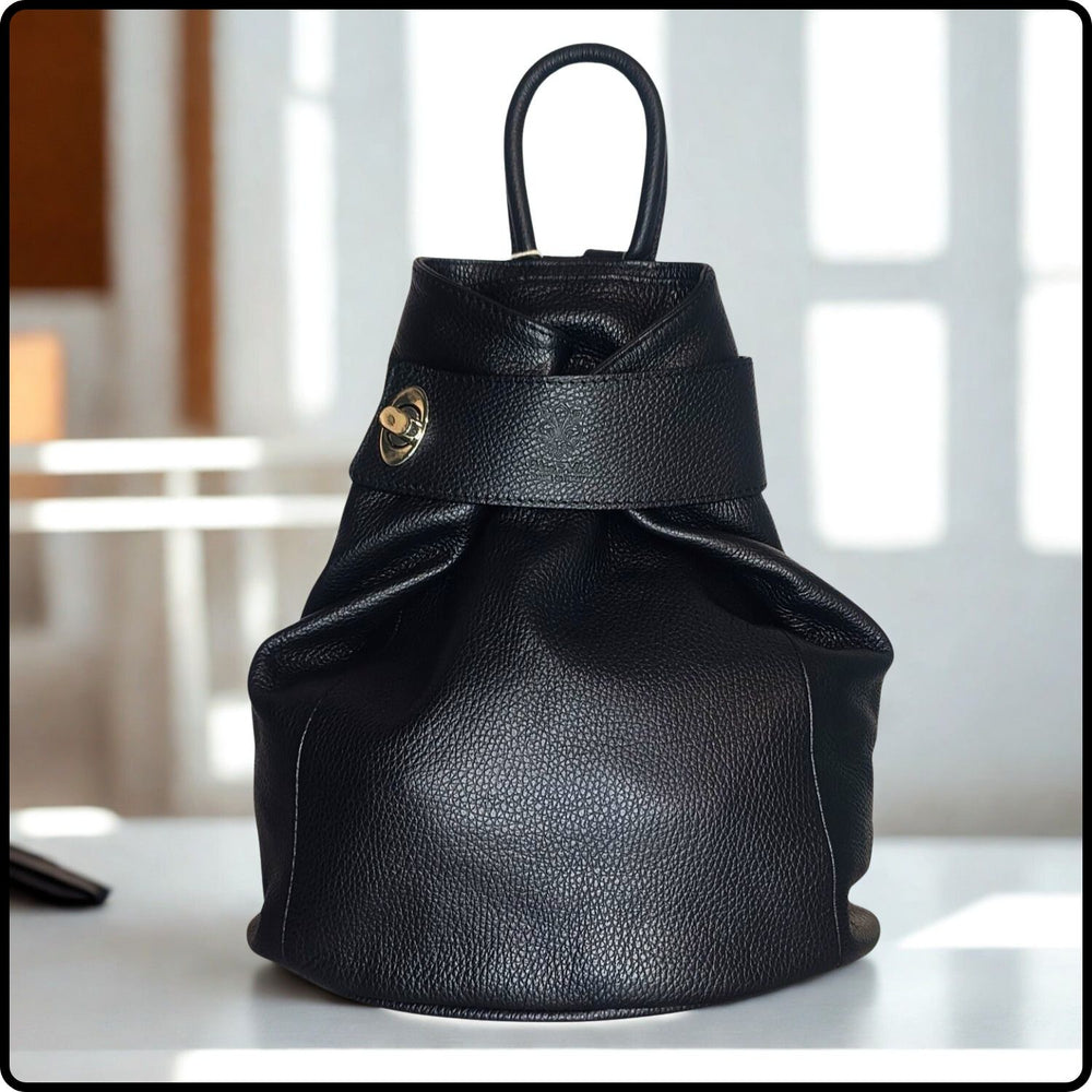 Large Pebbled Leather Lock Closure Backpack - VPR248-BLACK