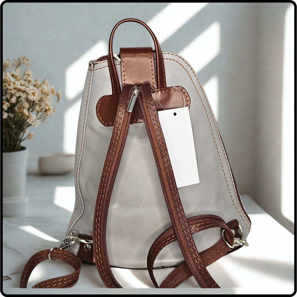 Small Soft Leather Backpack - VPB14-LIGHTGREY/BROWN