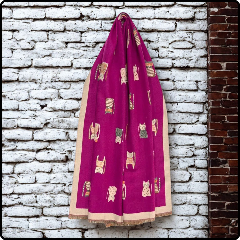 Wool blend cats print scarf in fuchsia- SCCF