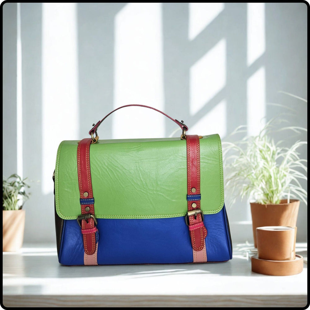 Handmade Recycled Leather Multicoloured Satchel-VKR-BLUE