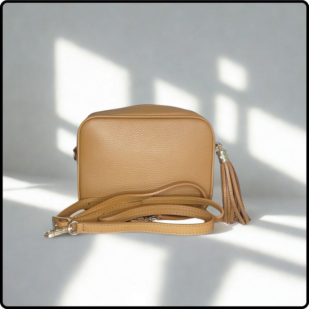 Leather Cross Body Bag Tassel- PS233-TAN