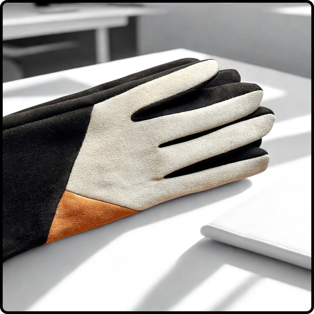 Colour Block Suede Effect Touch Screen Gloves One Size in Beige-BSB