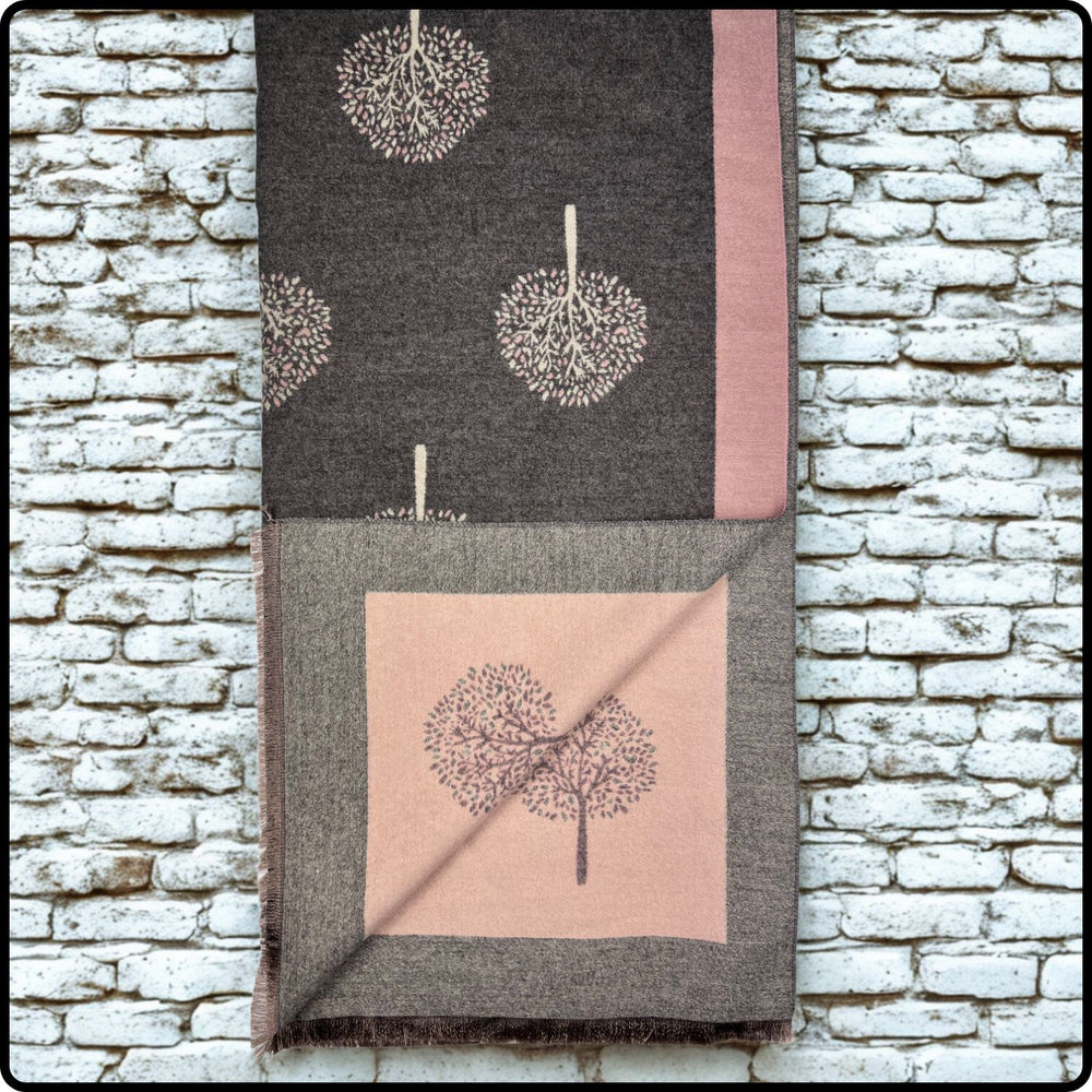 Tree of life print scarf on cashmere mix with tassels in Pink Charcoal-SCTP