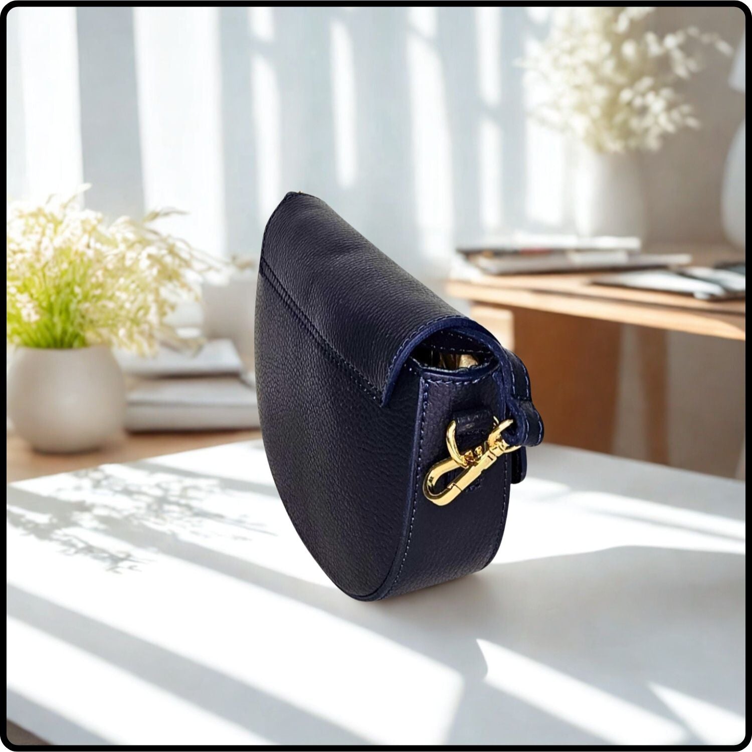 Half Moon Leather Cross Body Satchel Bag - PS583-NAVY