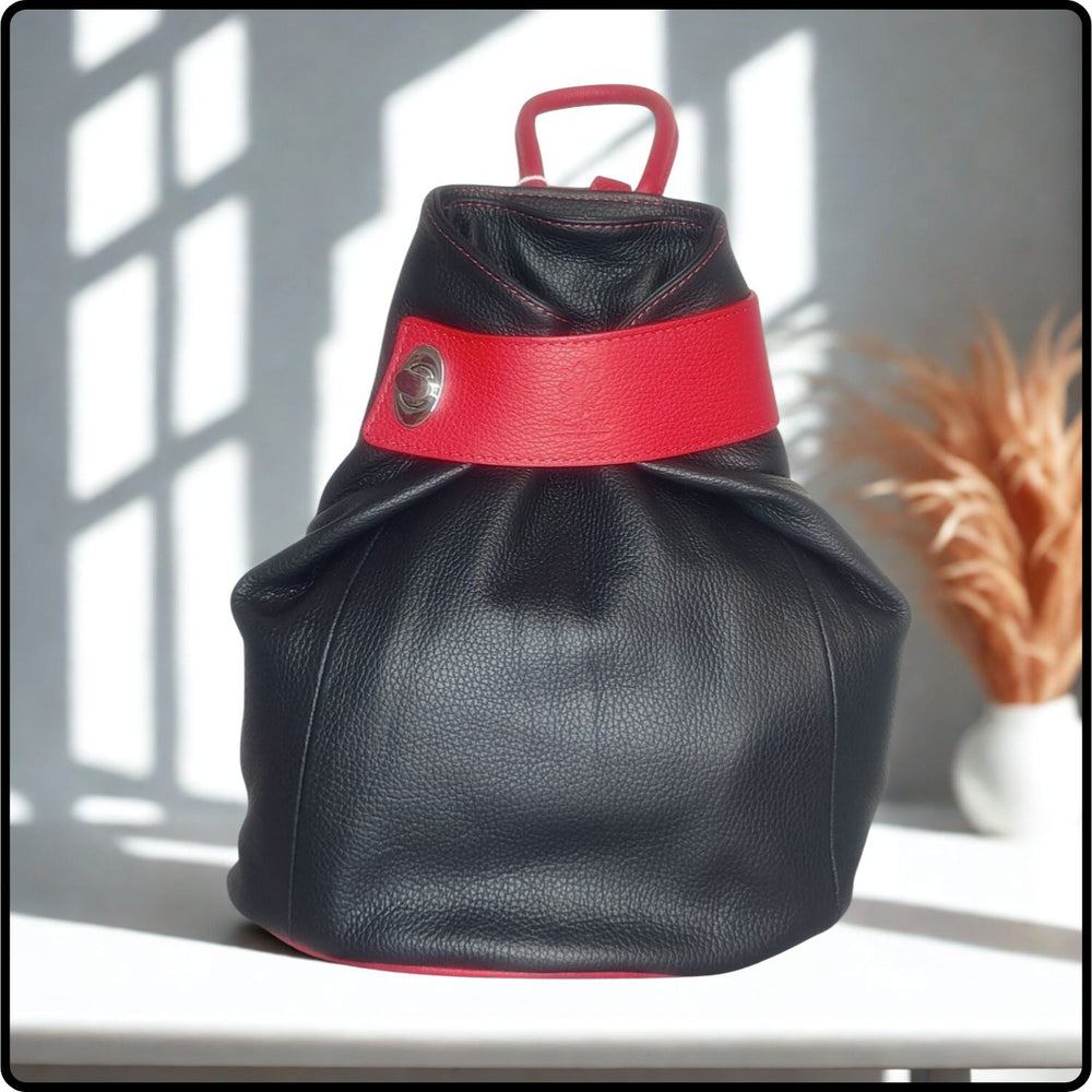 Large Pebbled Leather Lock Closure Backpack - VPR248-BLACK/RED