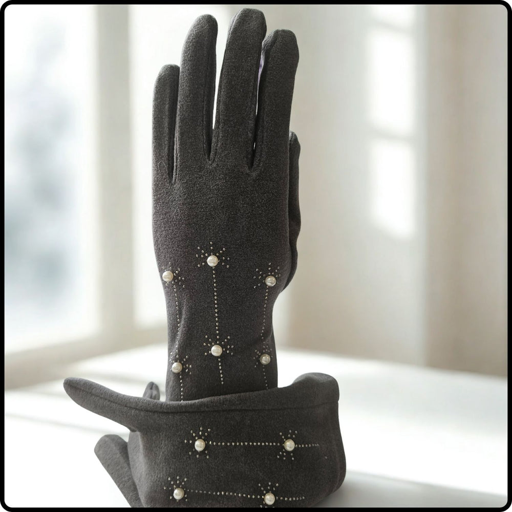 Pearl Motif Suedette Fabric Touch Screen Gloves One Size in Grey-PGG