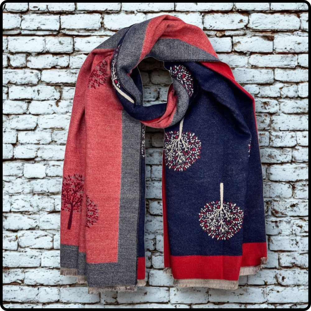 Tree of life print scarf on cashmere mix with tassels in burgundy/navy-SCTB