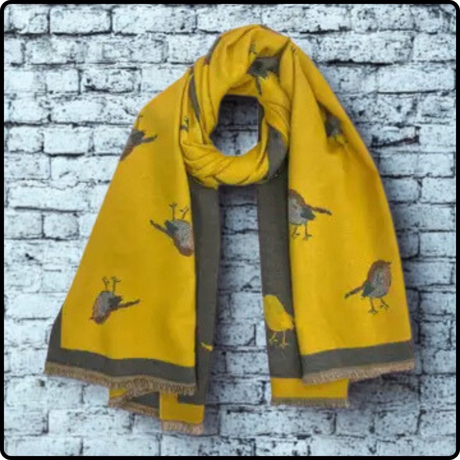Robin embroidered print on reversible cashmere blend scarf in Yellow-RSCY