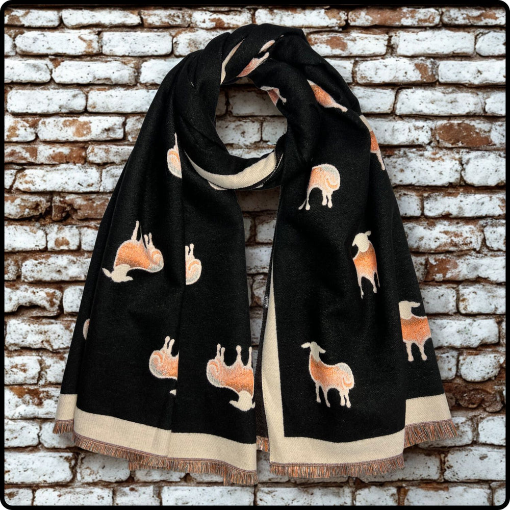 Sheep Print on Cashmere Blend Scarf with Fringes in Black-SPCB