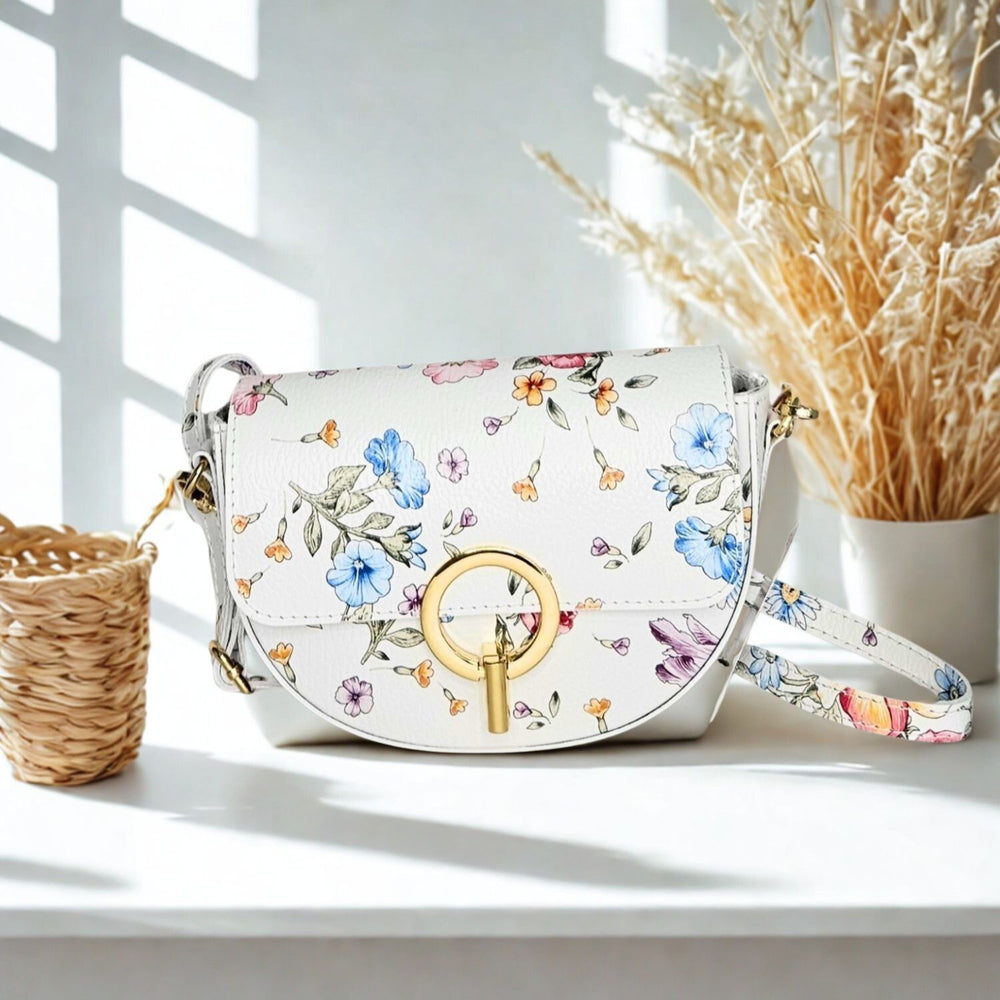 Half Moon Leather Cross Body Satchel Bag - PS583-FLORAL