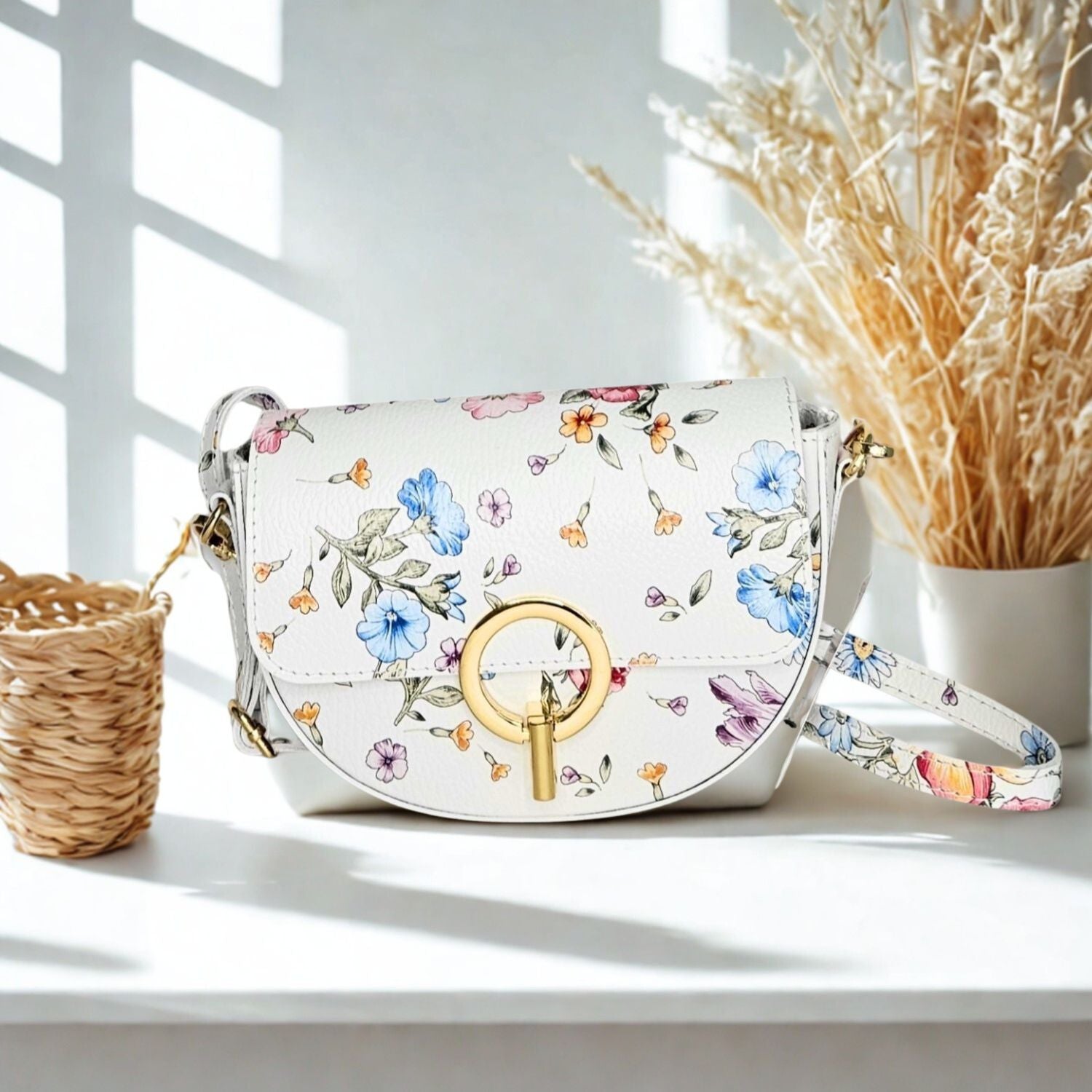Half Moon Leather Cross Body Satchel Bag - PS583-FLORAL