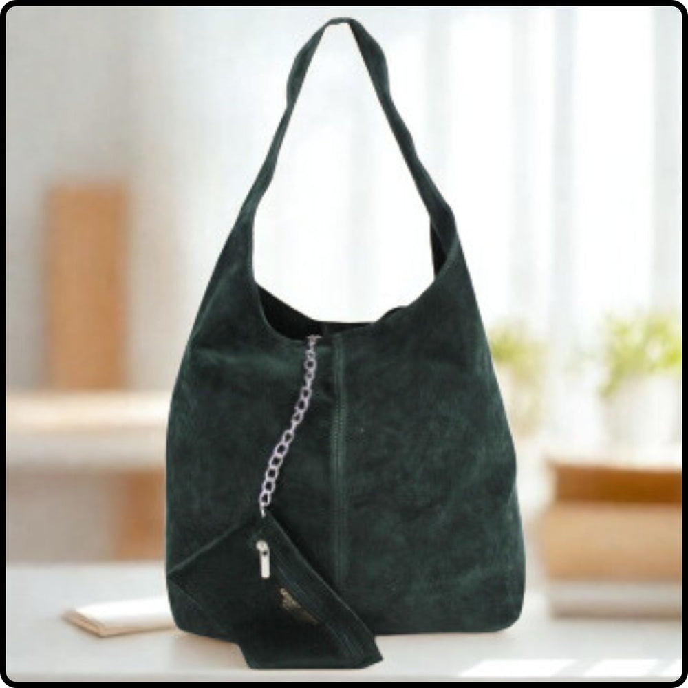 Suede Leather Slouchy Bag - VP144-DARK GREEN