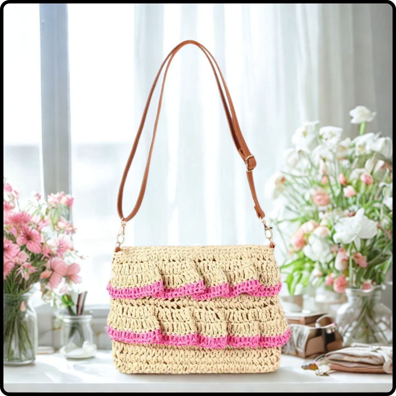 Frilled Paper Straw Cross Body Bag-FPS-PINK