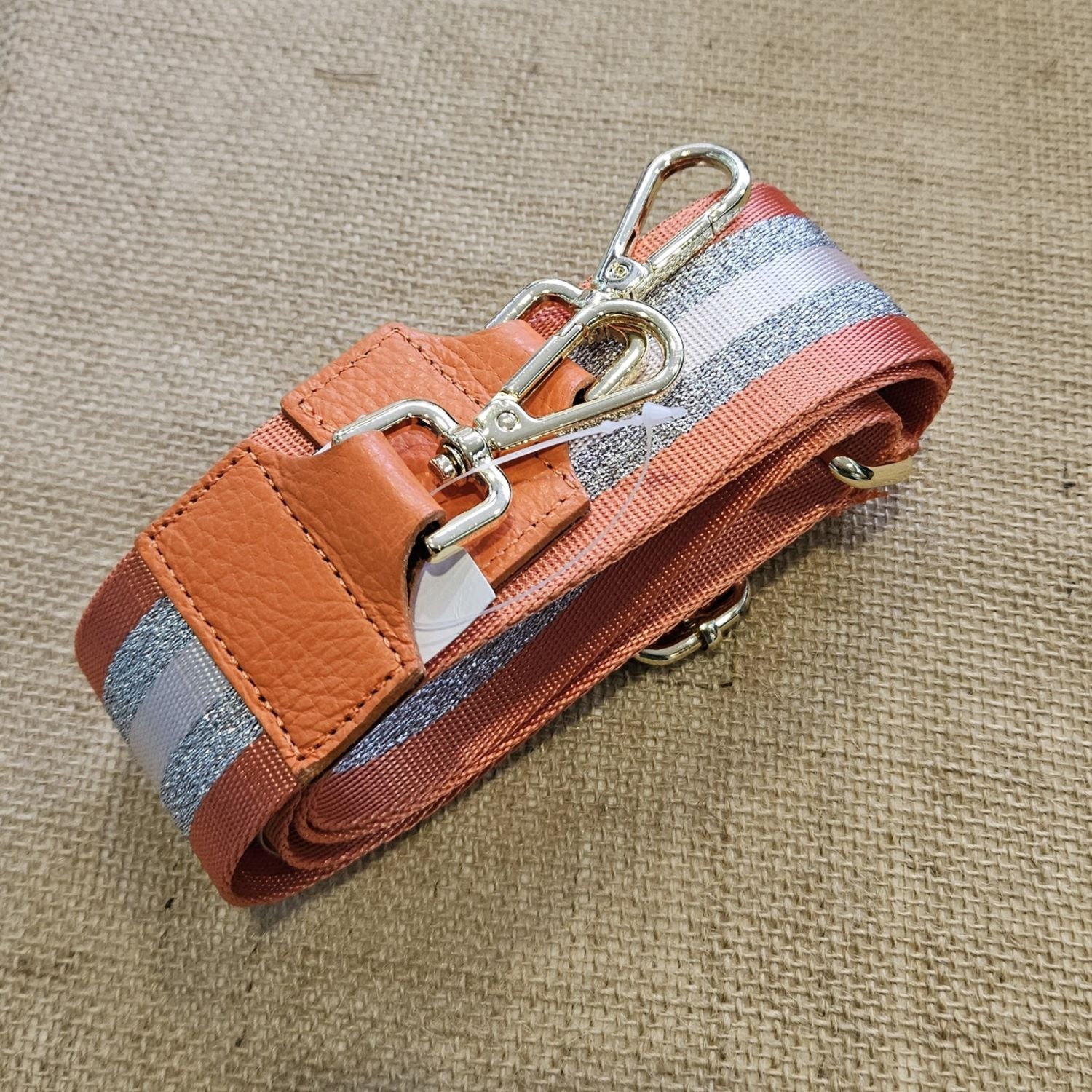 Canvas Bag Strap - BS002-METALLIC STRIPES-SILVER/ORANGE