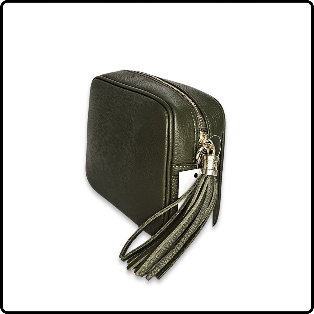 Leather Cross Body Bag Tassel- PS233-OLIVE GREEN