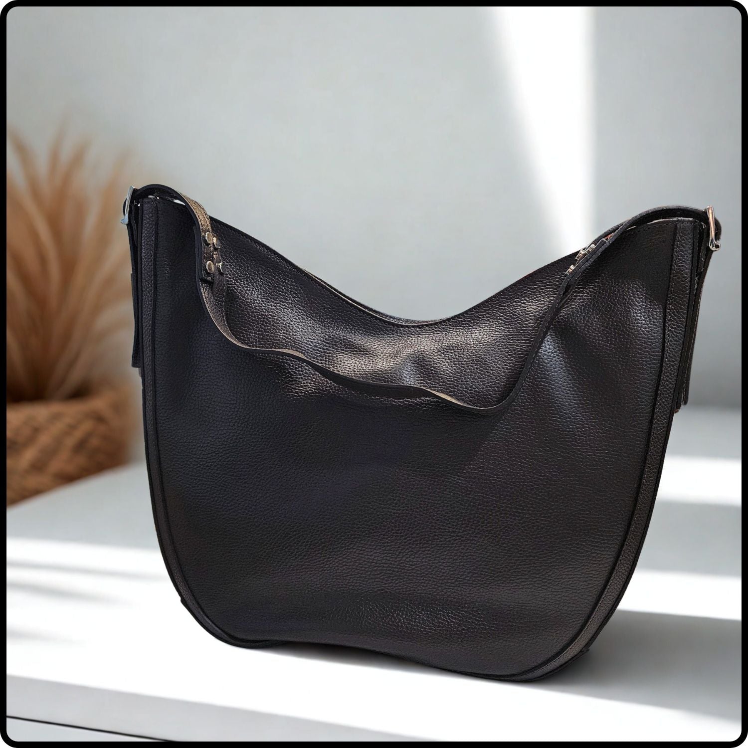 Rounded Suede and Leather Shoulder Bag with Double Buckle and Stud Detail-SL03-CHOC