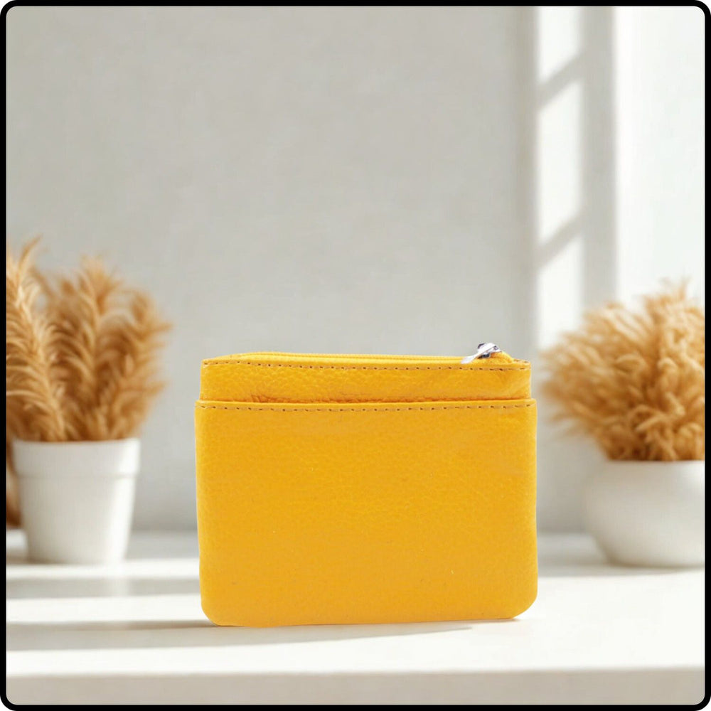 Leather Zipper Coin Purse - 001-YELLOW