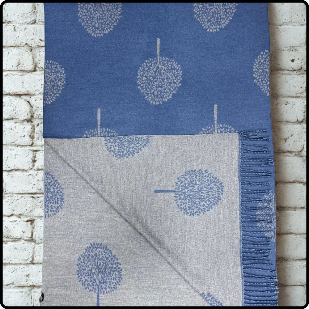 Tree of life print scarf on cashmere mix with tassels in Denim-SCTLD