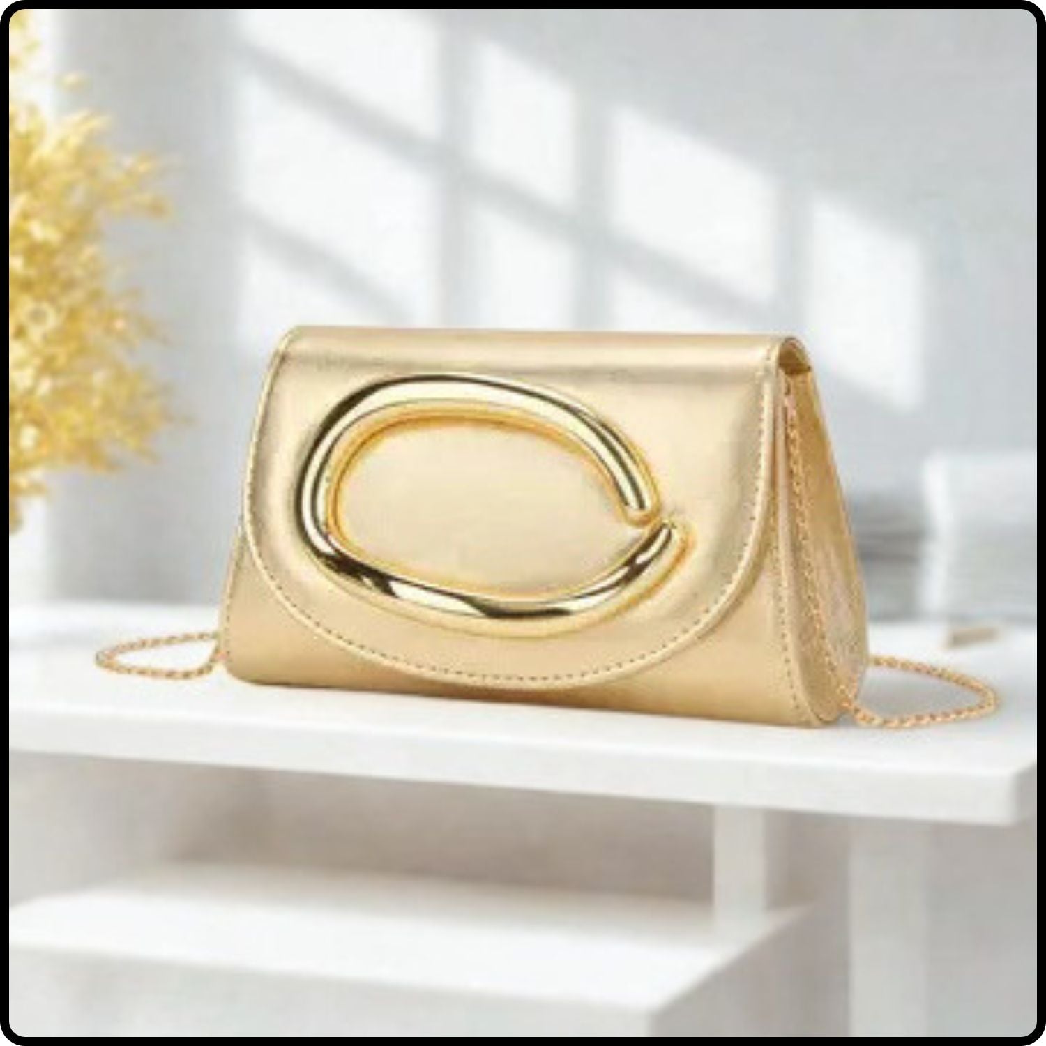 Clutch Bag with Metal Accent and Chain Strap-KK-CHAMPAGNE