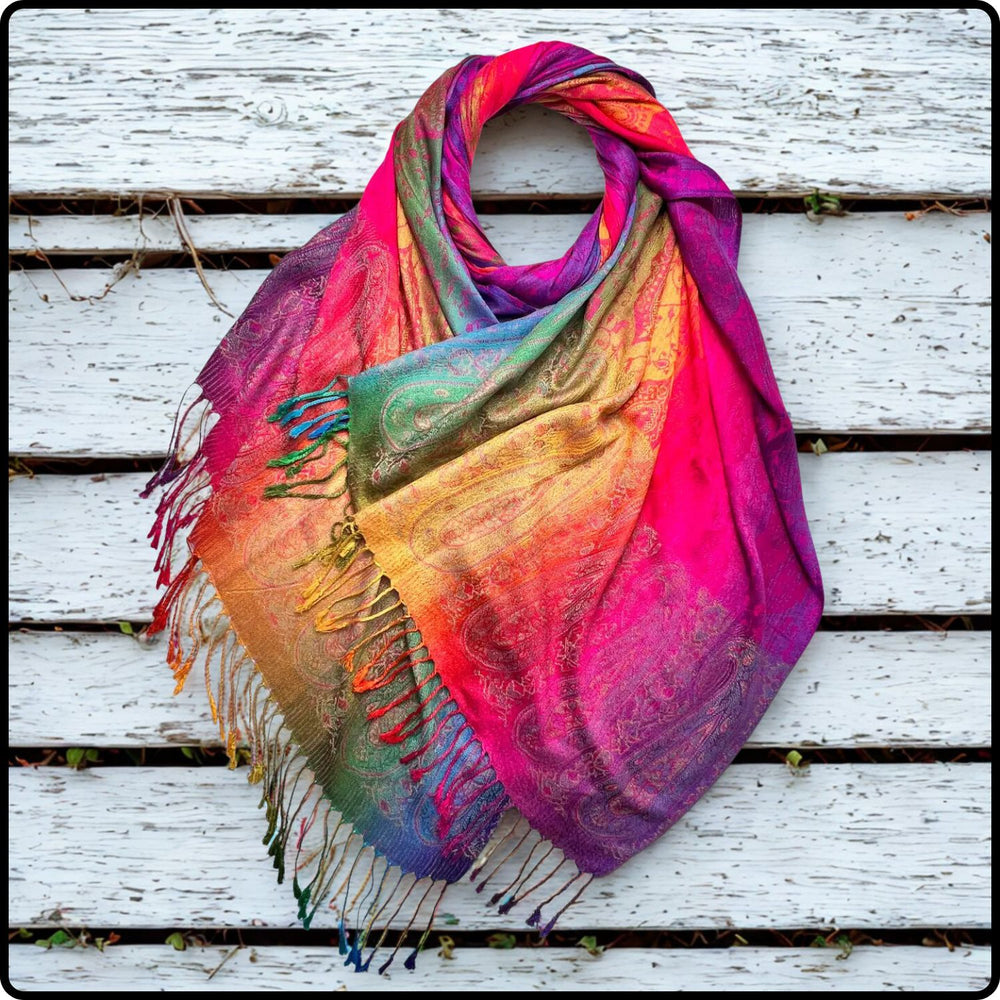 Rainbow Pashmina Paisley Print with Tassels in Hot Pink-SPPH