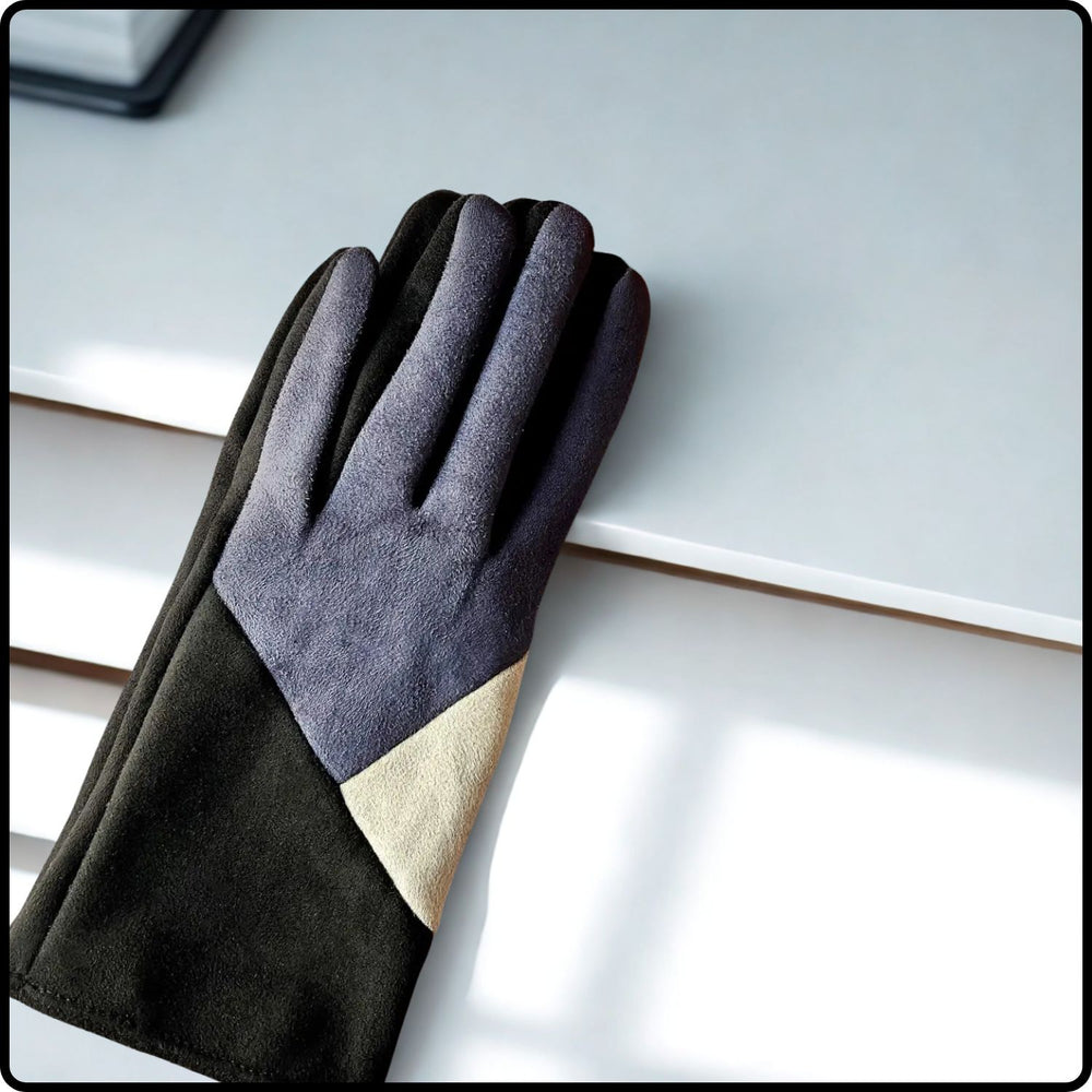 Colour Block Suede Effect Touch Screen Gloves One Size in Denim-BSD