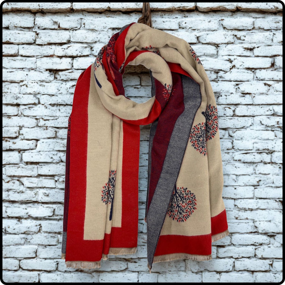 Tree of life two tone print scarf on cashmere mix with tassels in Burgundy/Cream-SCTC