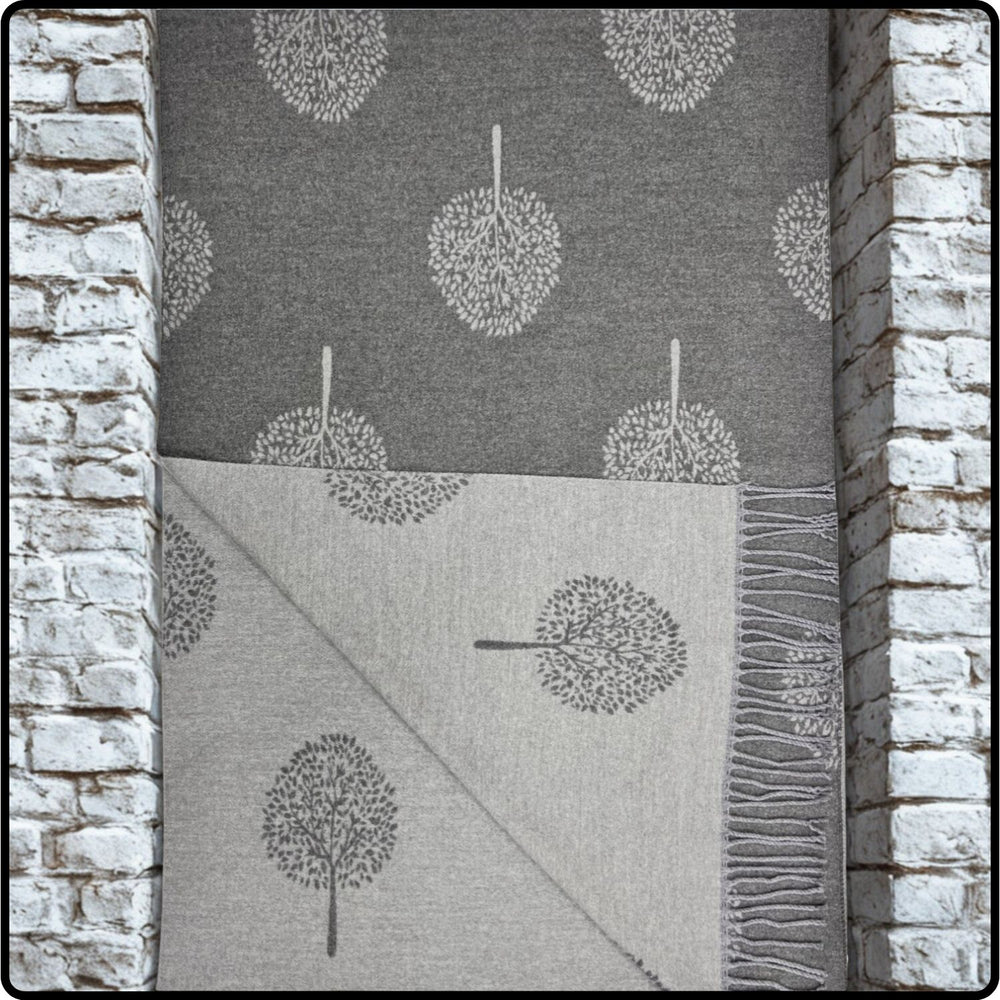 Tree of life print scarf on cashmere mix with tassels in Charcoal-SCTG