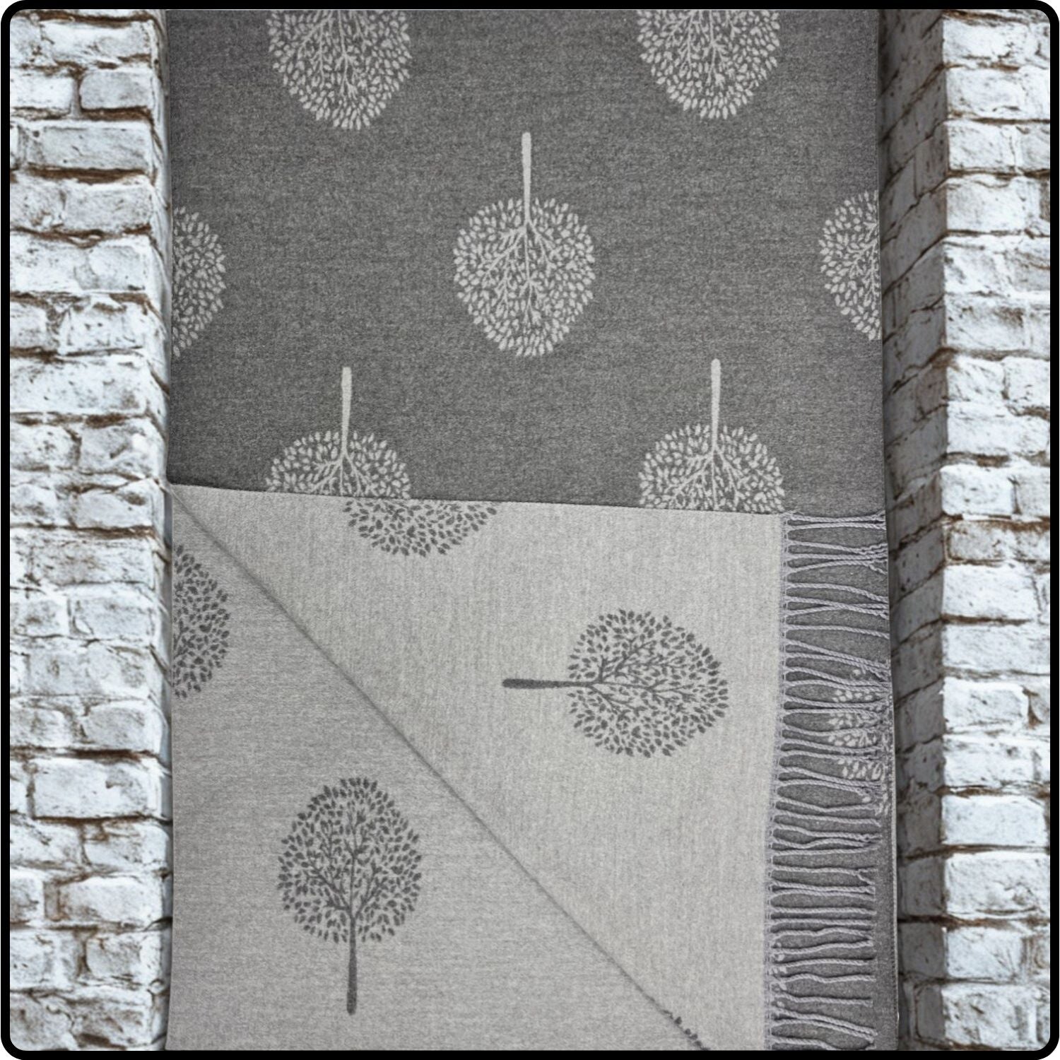 Tree of life print scarf on cashmere mix with tassels in Charcoal-SCTG