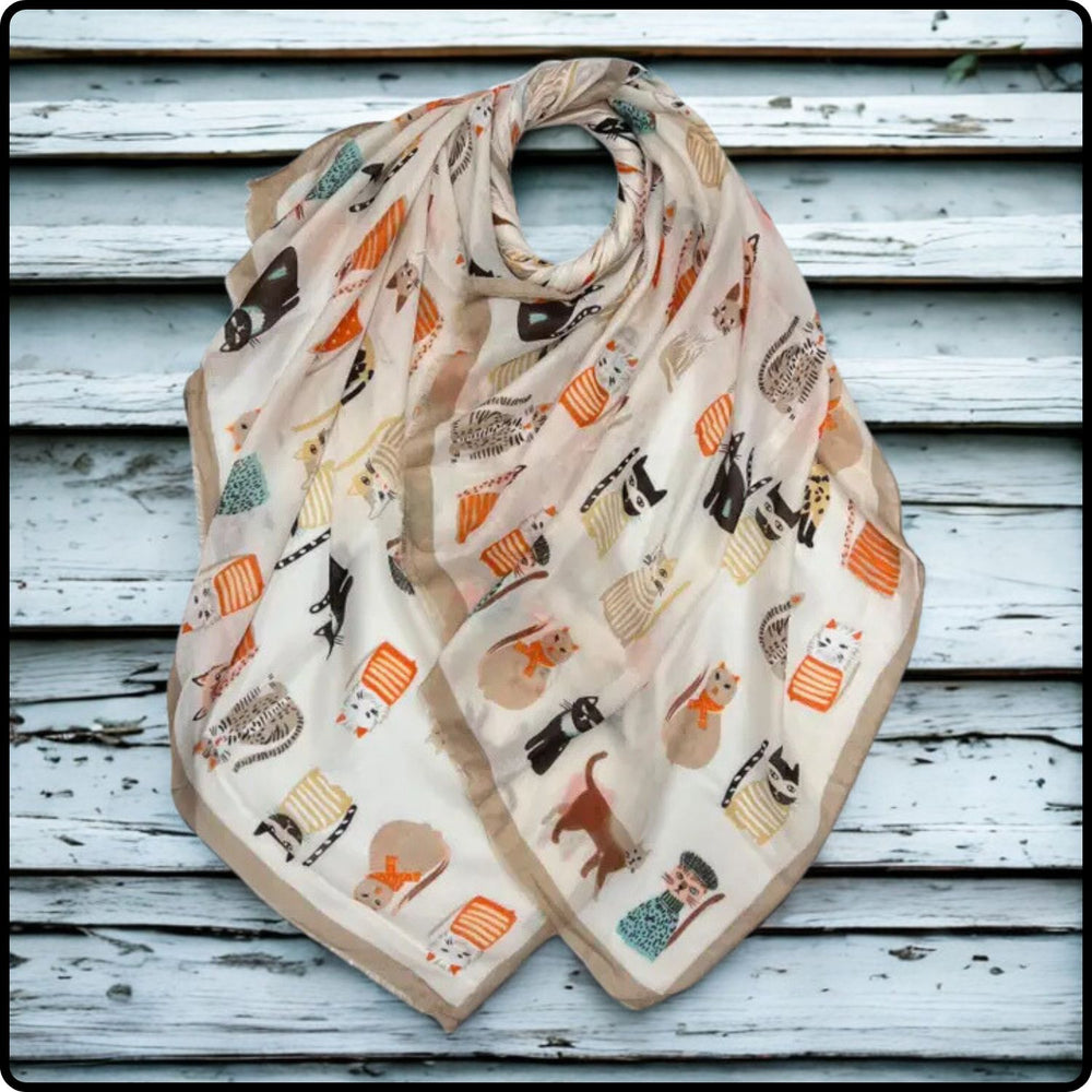 Cat with Costumes Print Scarf in Cream - SCPC
