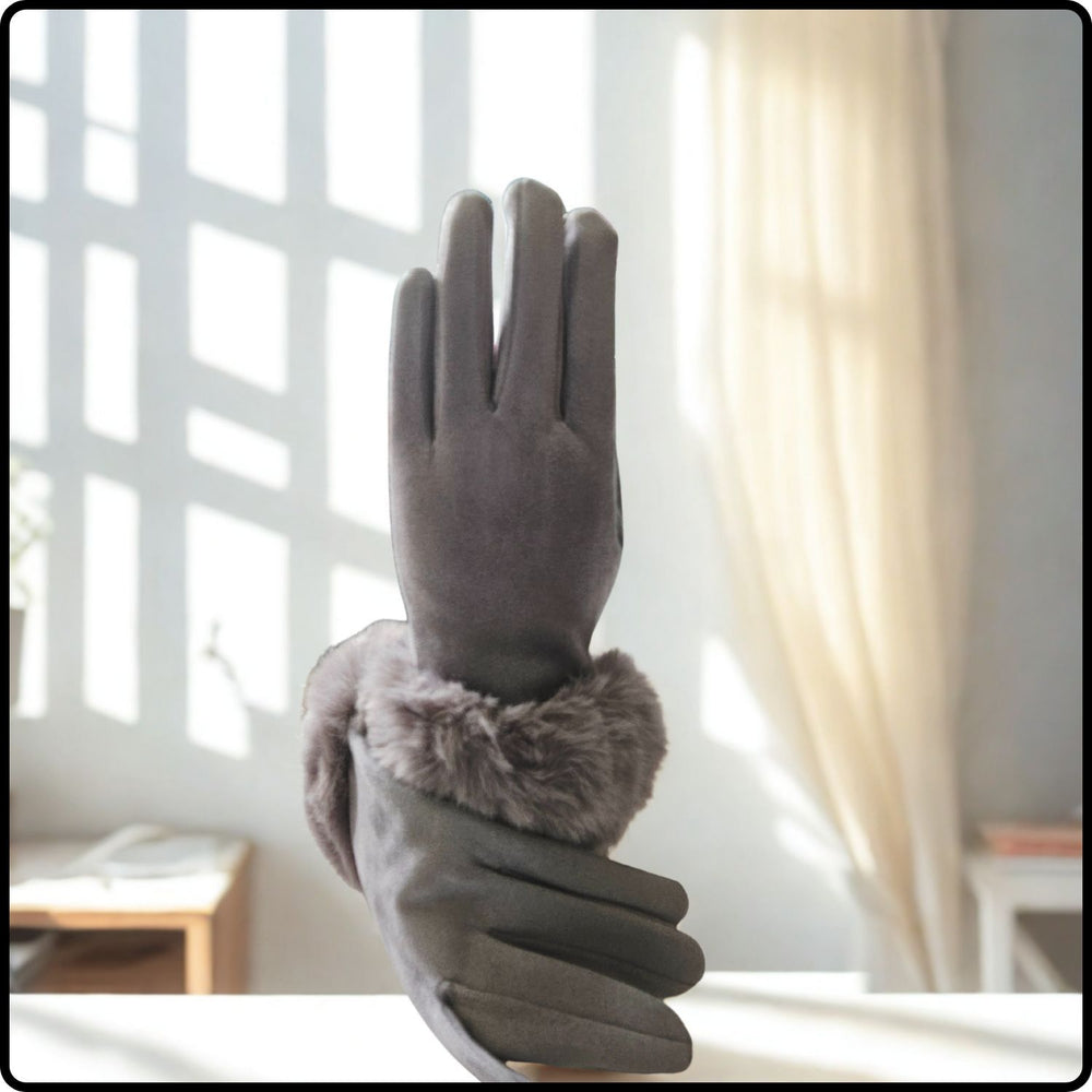 Faux Fur Suedette Fabric Touch Screen Gloves One Size in Grey-FGG