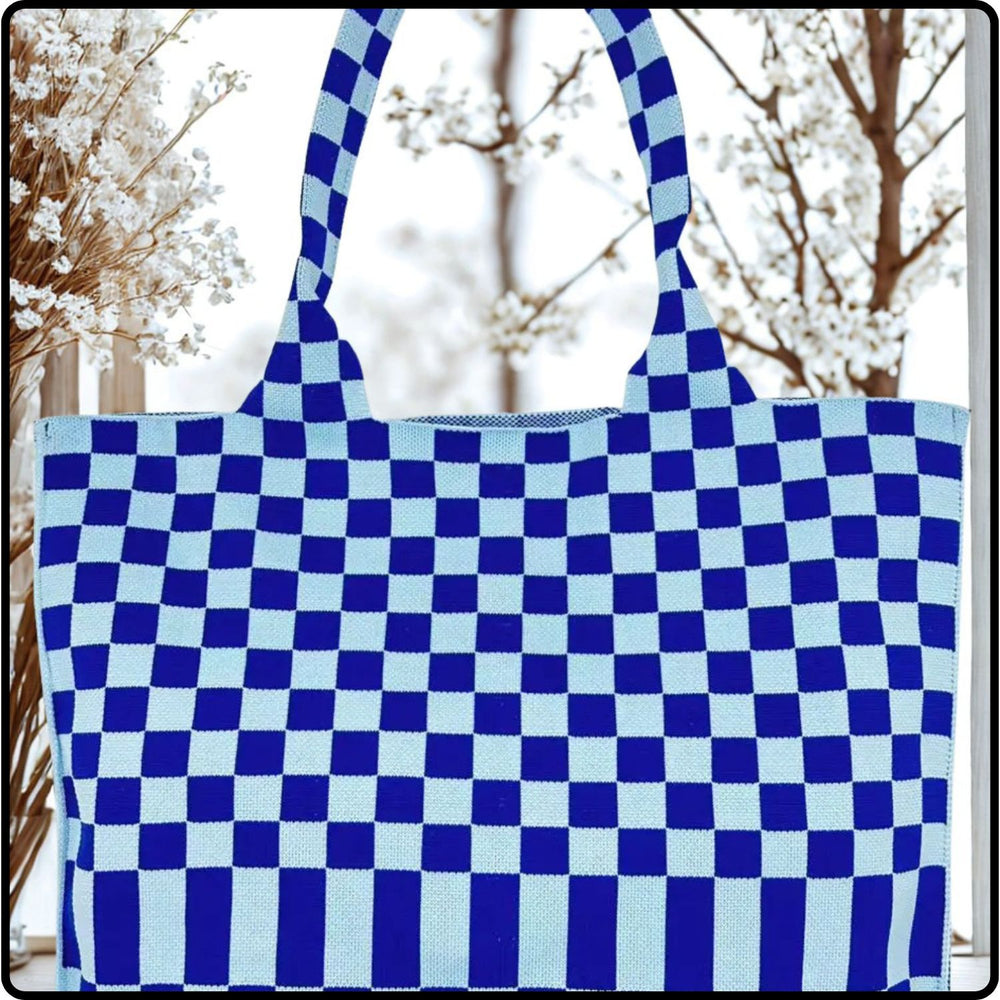 Knitted Tote-Large Blue Check-TBC