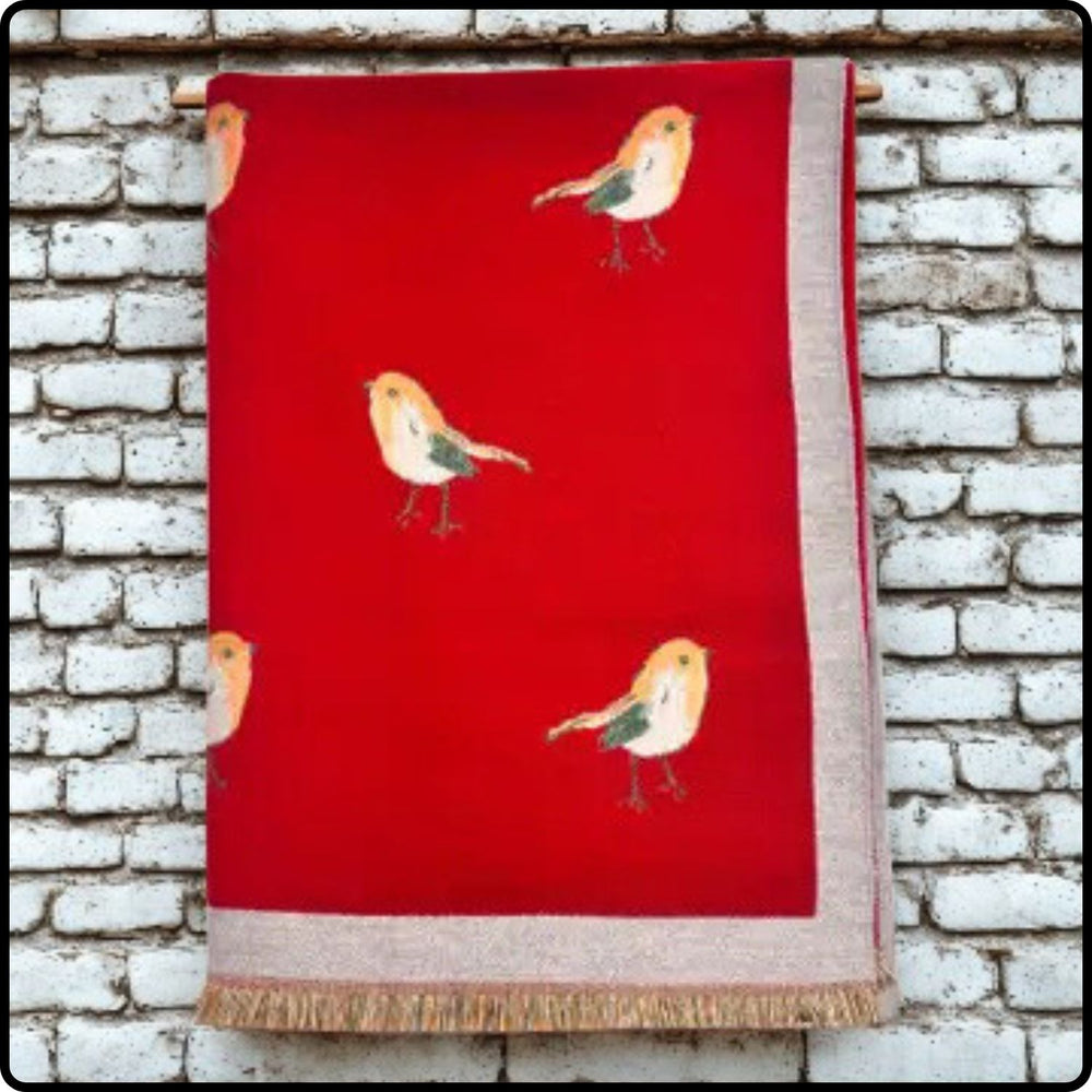 Robin embroidered print on reversible cashmere blend scarf in Red-RSCR