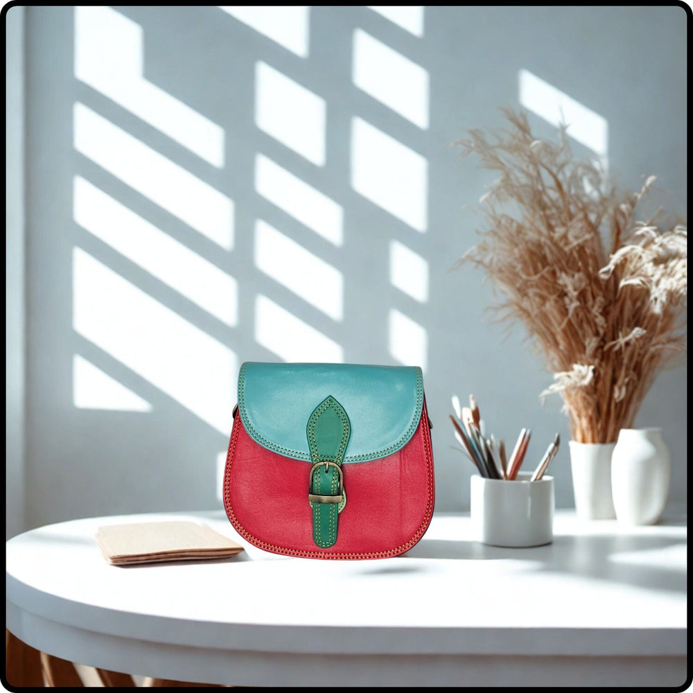 Handmade Recycled Leather Multicoloured Crossbody Saddle Bag-VSR-RED