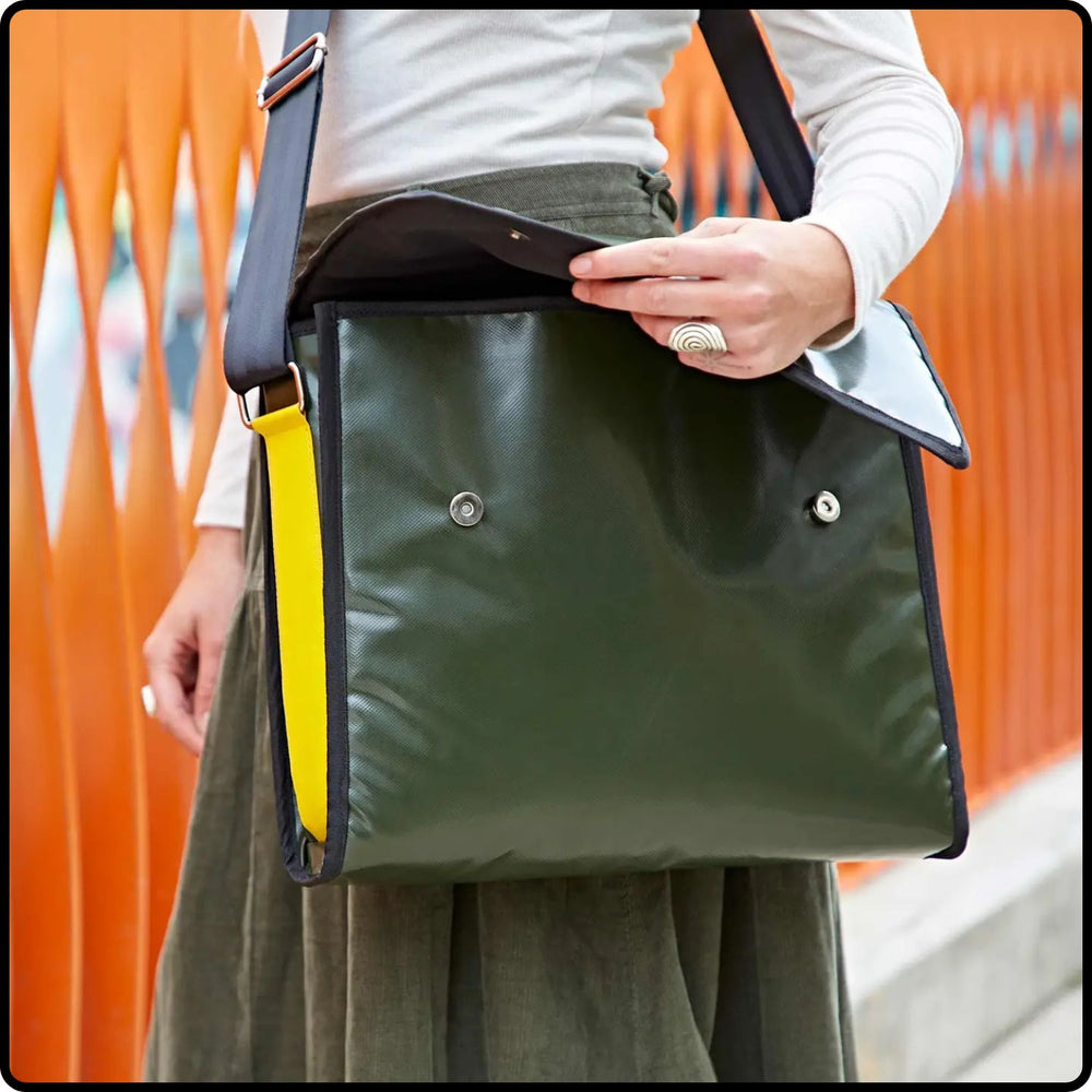 Recycled Plastic and Seat Belt Messenger Bag-PMB-GREEN