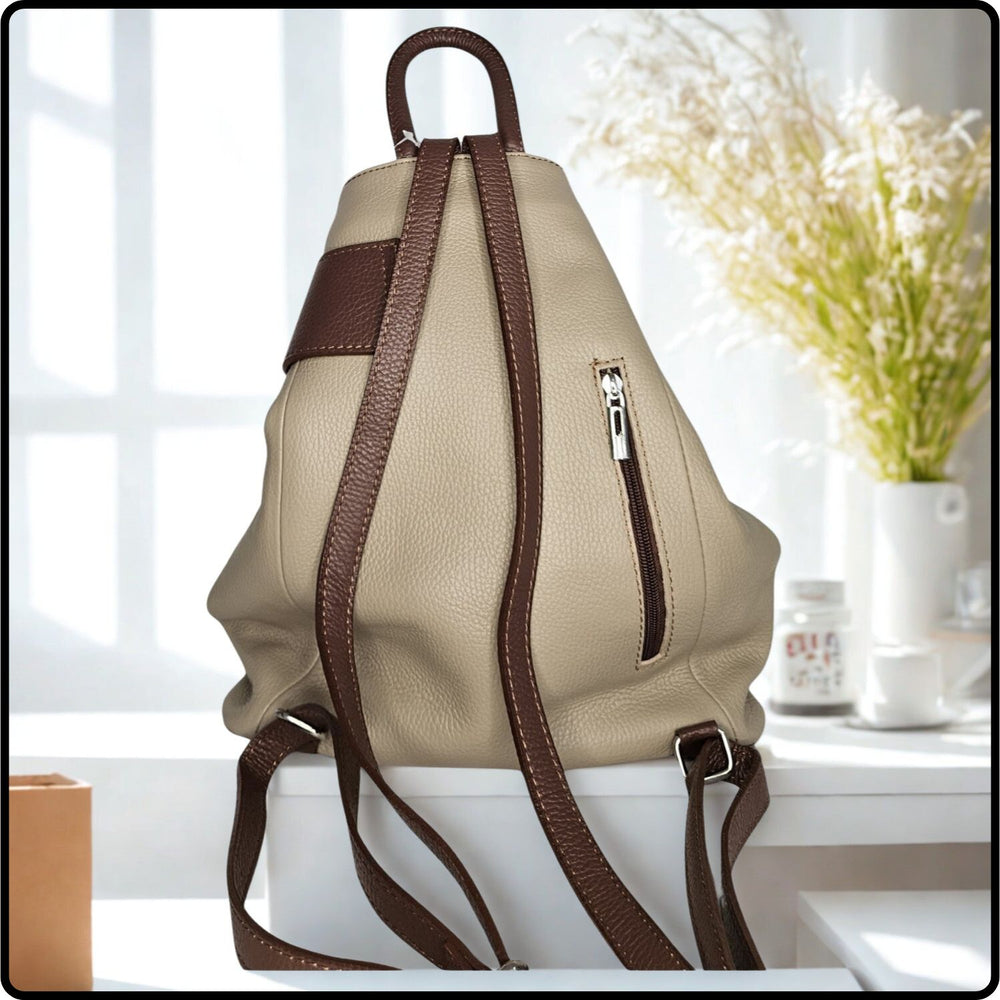 Large Pebbled Leather Lock Closure Backpack - VPR248-KHAKI/TAN