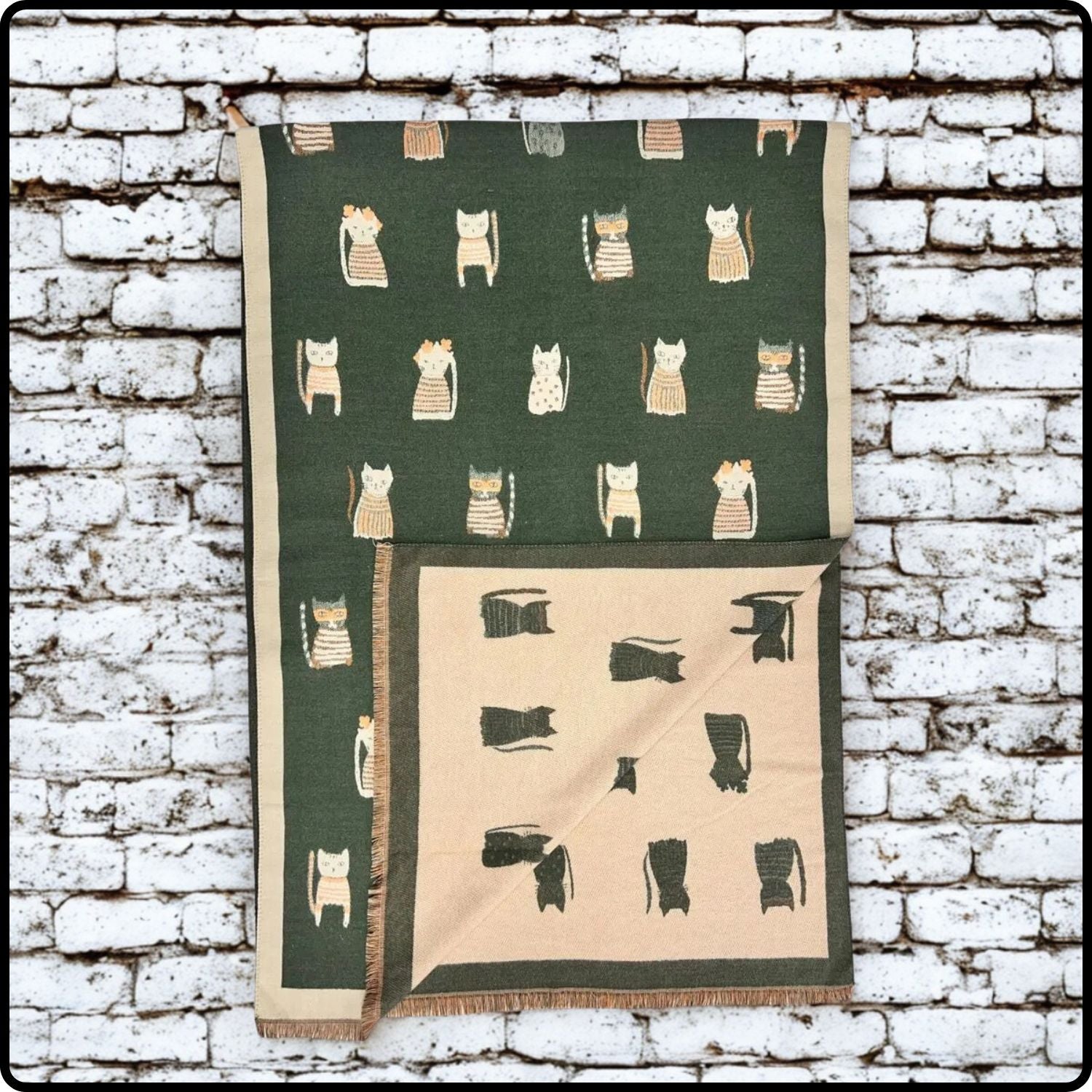 Wool blend cats print scarf in khaki- SCCK