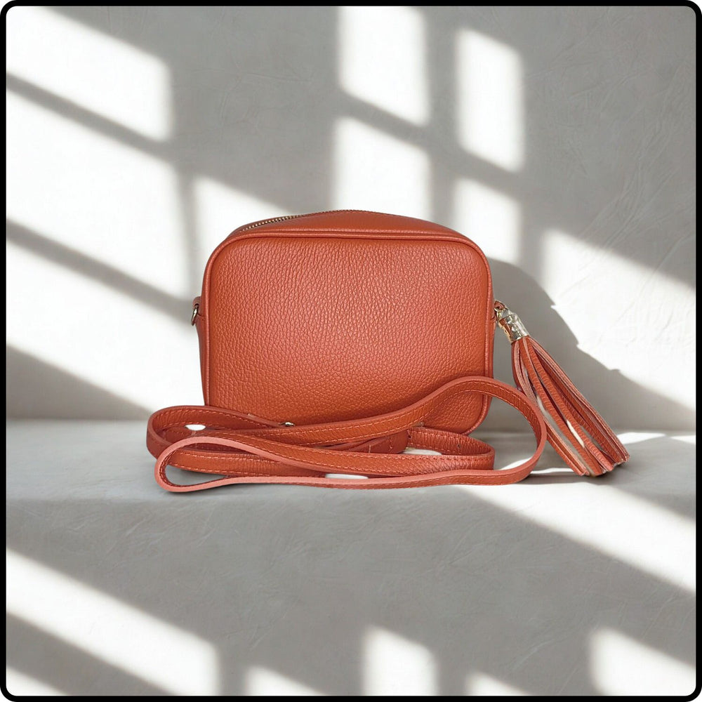 Leather Cross Body Bag Tassel- PS233-BURNT ORANGE