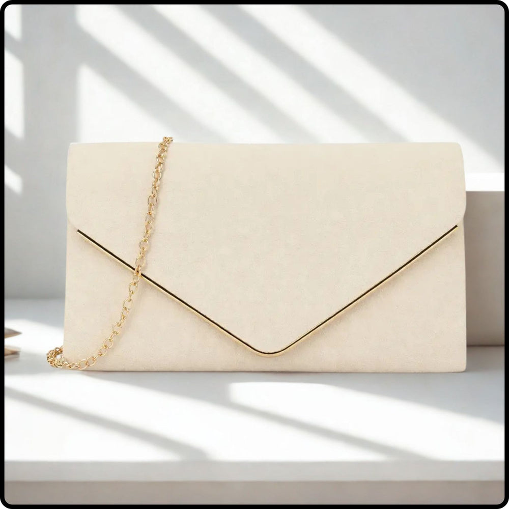 Envelope Clutch Bag with Metal Trim and Chain Strap-KE-IVORY