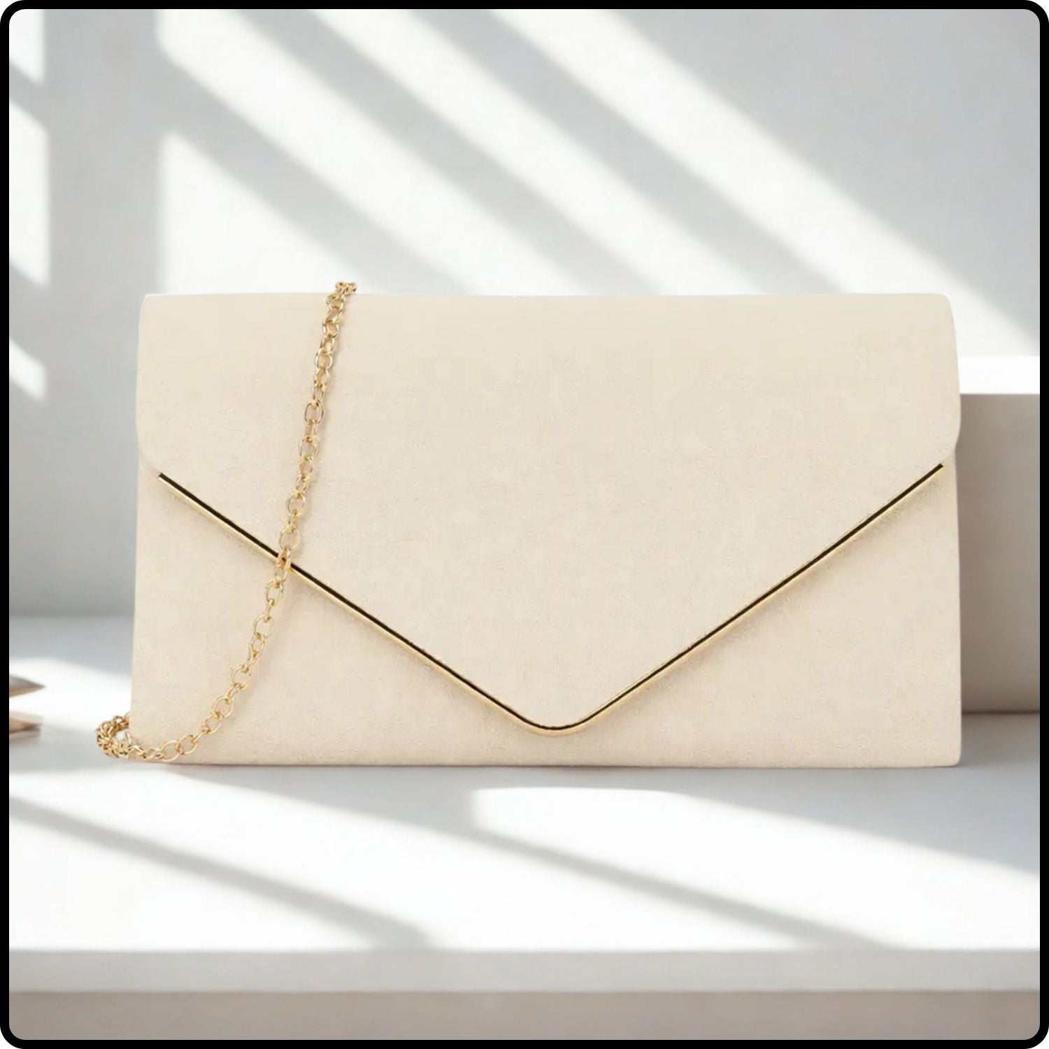 Envelope Clutch Bag with Metal Trim and Chain Strap-KE-IVORY