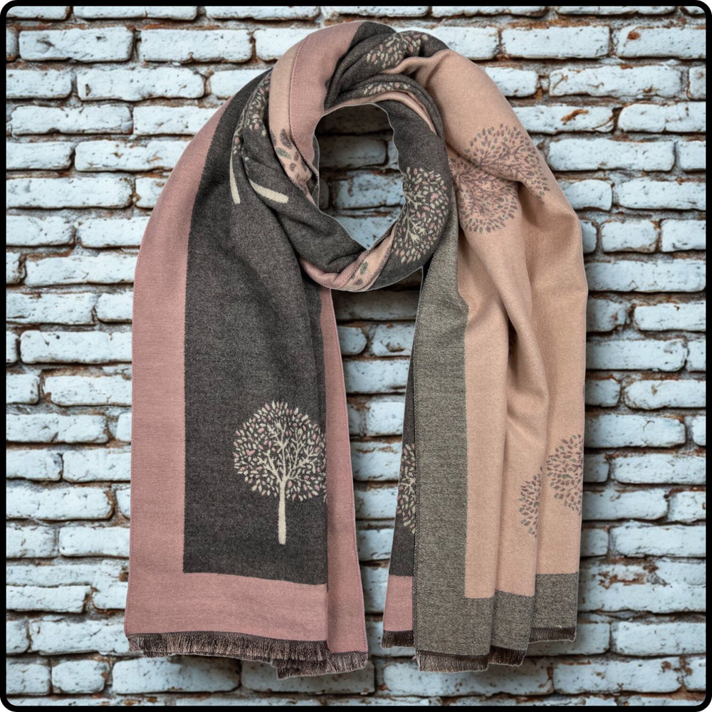Tree of life print scarf on cashmere mix with tassels in Pink Charcoal-SCTP