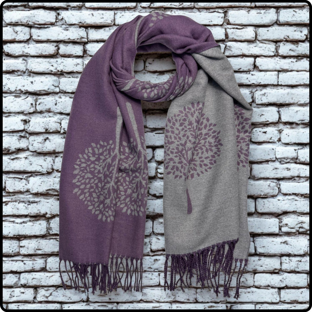 Tree of life print scarf on cashmere mix with tassels in Purple-SCTL