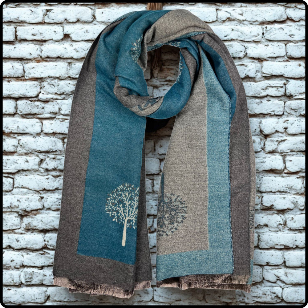 Tree of life print scarf on cashmere mix with tassels in teal-SCTT
