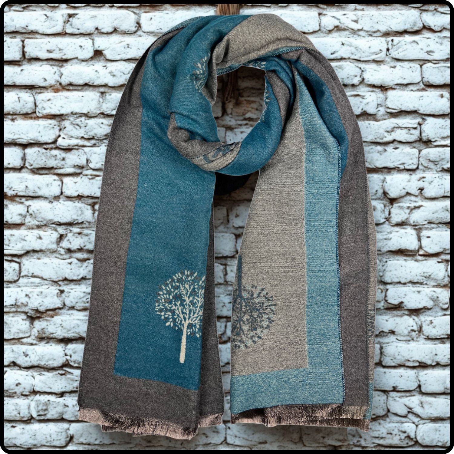Tree of life print scarf on cashmere mix with tassels in teal-SCTT