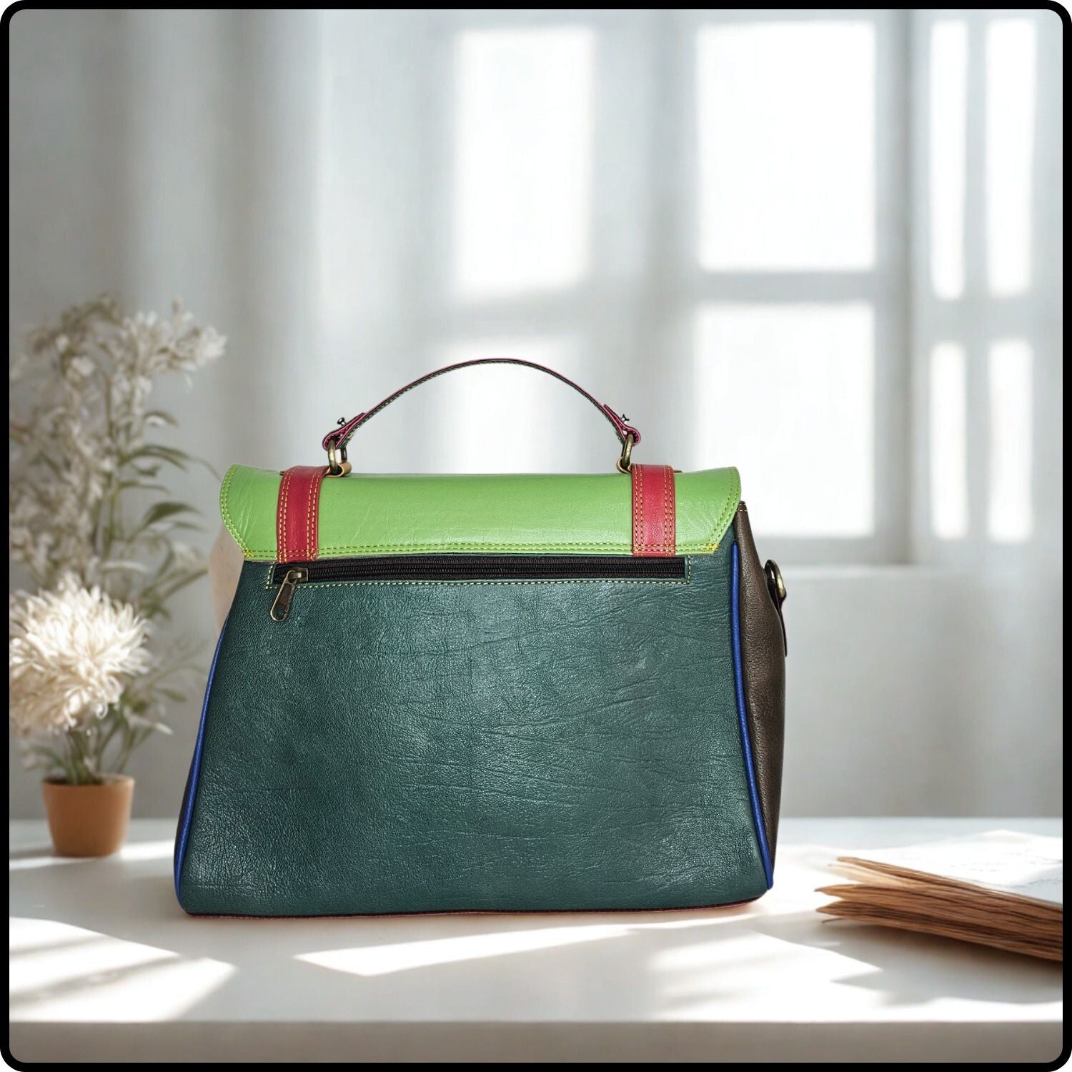 Handmade Recycled Leather Multicoloured Satchel-VKR-BLUE