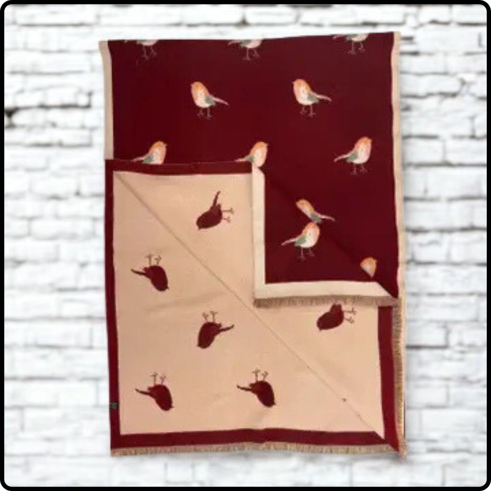 Robin embroidered print on reversible cashmere blend scarf in Burgundy-RSCB