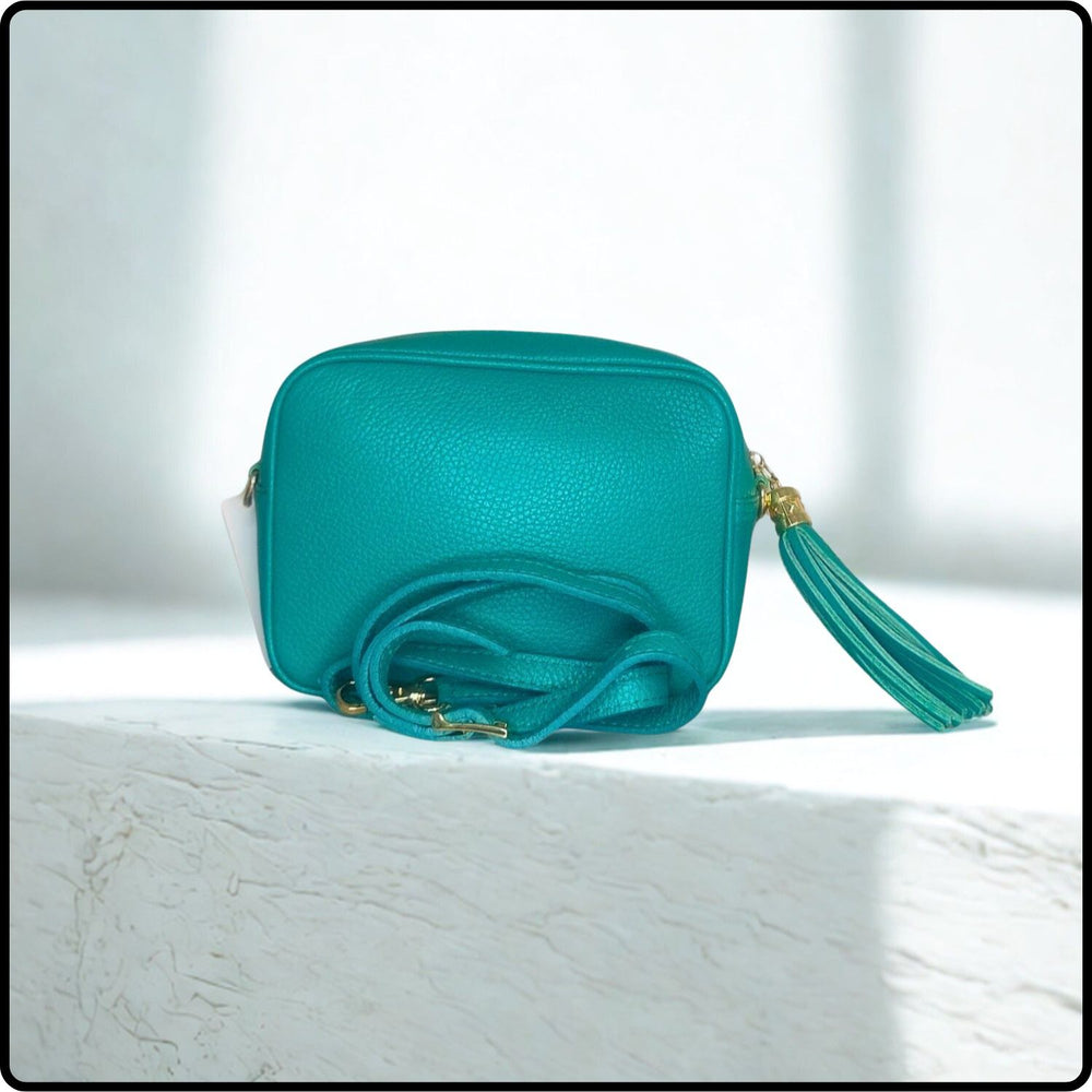 Leather Cross Body Bag Tassel- PS233-AQUA