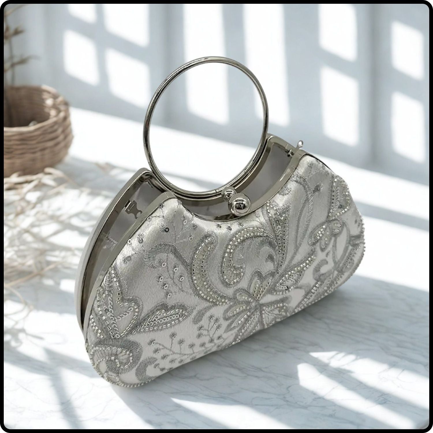 Floral Embellished Clutch Purse with Beading and Round Handle-KF-SILVER