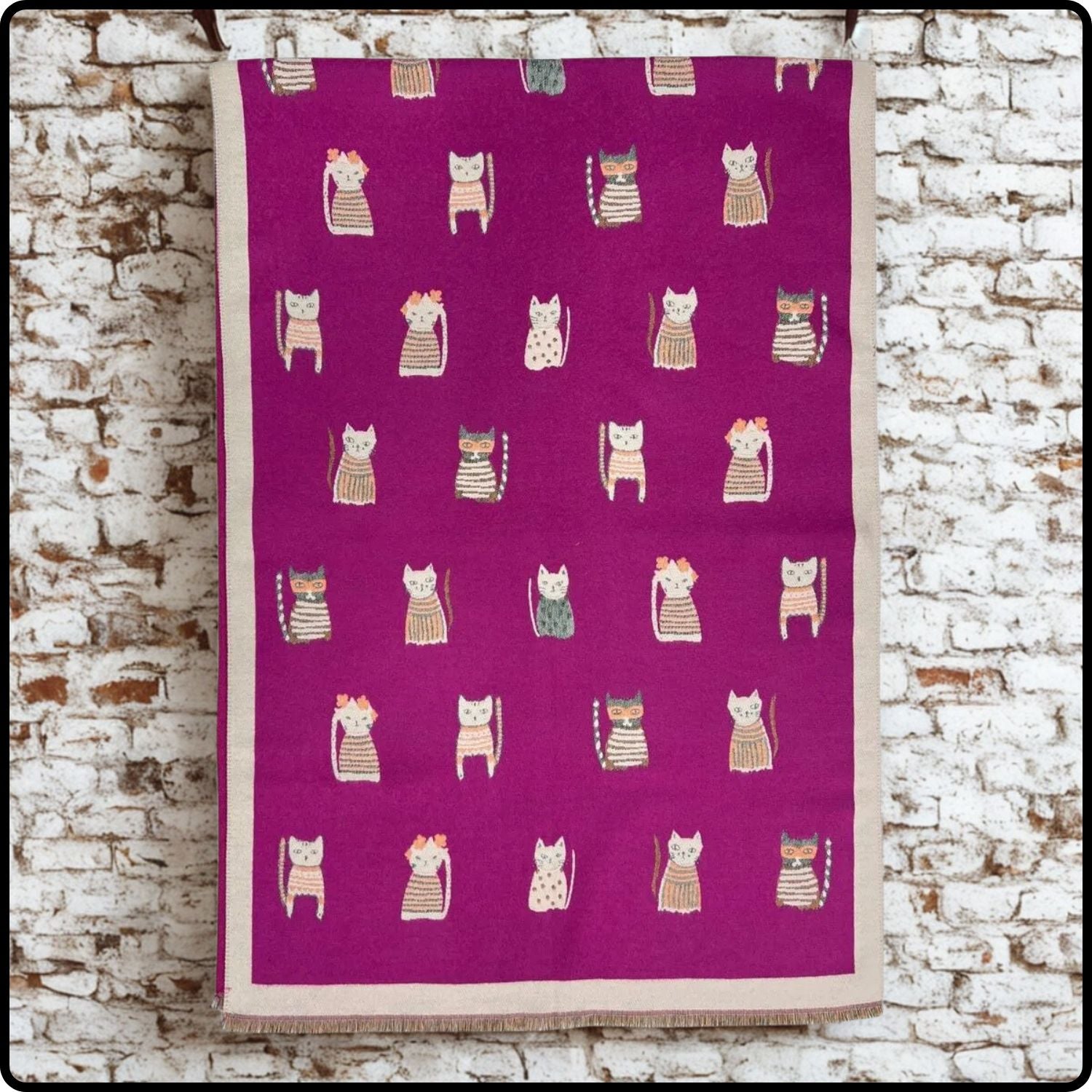 Wool blend cats print scarf in fuchsia- SCCF
